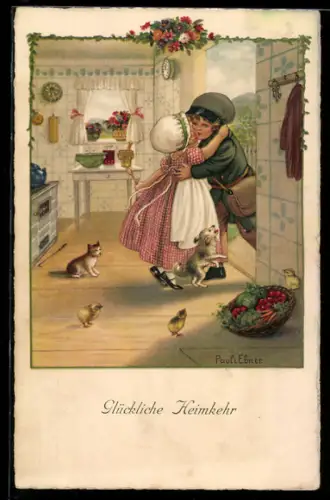 Künstler-AK Pauli Ebner: Junge Hausfrau begrüsst ihren wiederkehrenden Mann mit einem Kuss