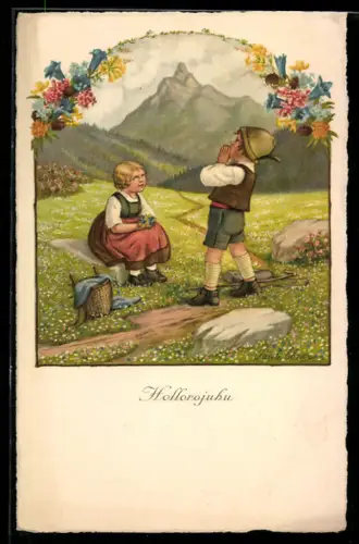 Künstler-AK Pauli Ebner: Kinder auf der Alm