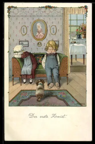 Künstler-AK Pauli Ebner: der erste Zwist, Kinder haben sich gestritten, Hund