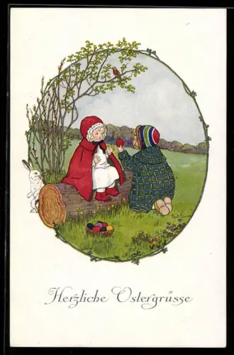 Künstler-AK Pauli Ebner: Fröhliche Ostern!, Kinder mit bunten Eiern