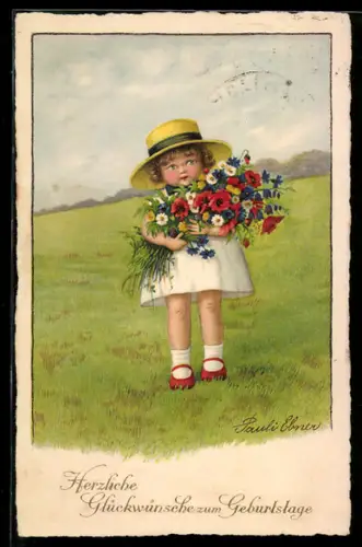 Künstler-AK Pauli Ebner: Sommerfreuden, Mädchen mit einem Strauss Sommerblumen