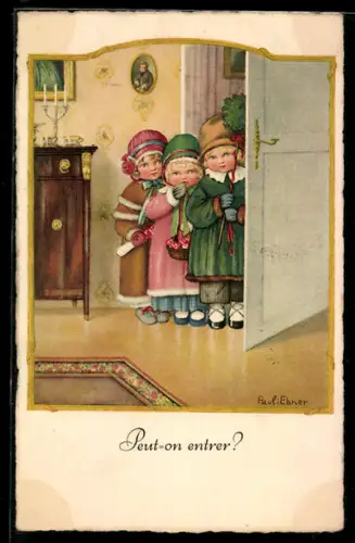 Künstler-AK Pauli Ebner: Peut-on entrer?, Kinder in Mänteln stehen an der Tür