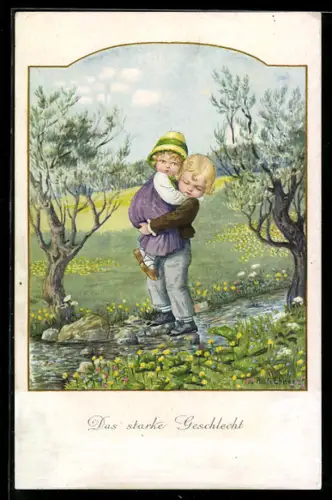 Künstler-AK Pauli Ebner: Junge trägt Mädchen über den Bach