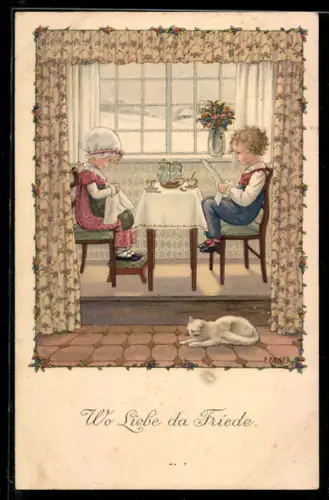 Künstler-AK Pauli Ebner: Kinder am Frühstückstisch mit weisser Katze