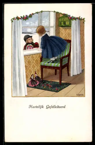 Künstler-AK Pauli Ebner: Unterhaltung am Fenster