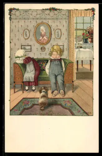 Künstler-AK Pauli Ebner: der erste Zwist, Kinder haben sich gestritten, Hund
