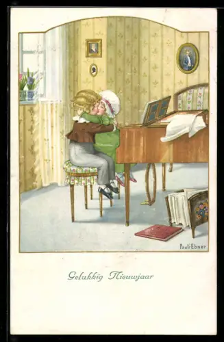 Künstler-AK Pauli Ebner: Vierhändig, küssendes Paar am Klavier