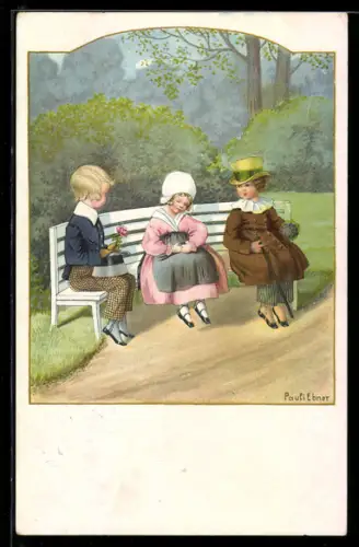 Künstler-AK Pauli Ebner: In der Klemme, Mädchen sitzt auf der Bank zwischen ihren Verehrern