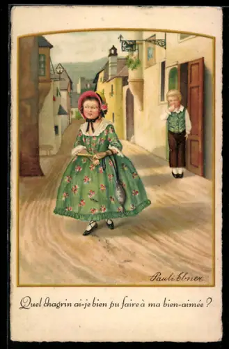 Künstler-AK Pauli Ebner: Feinsliebchen verlässt unter Tränen ihren Freund