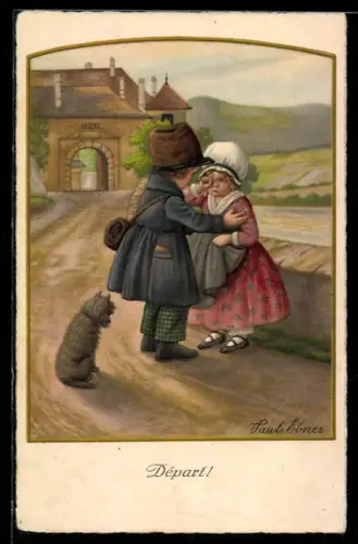 Künstler-AK Pauli Ebner: Junges Paar verabschiedet sich unter Tränen