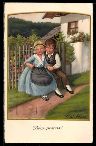 Künstler-AK Pauli Ebner: Doux Propos!, Junge und Mädchen auf einer Bank