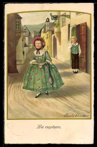 Künstler-AK Pauli Ebner: Bursche beobachten Mädchen auf der Strasse