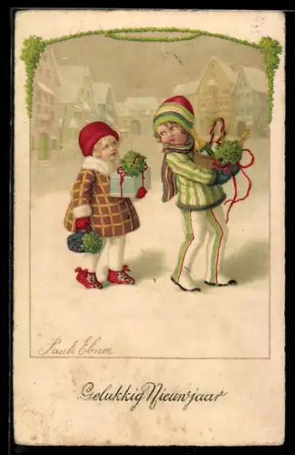 Künstler-AK Pauli Ebner: Zwei Kinder in winterlicher Stadt mit Geschenken