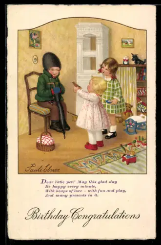 Künstler-AK Pauli Ebner: Le visiteur timide, schüchterner Besucher mit zwei Mädchen