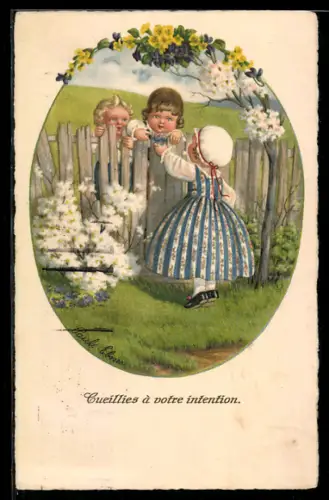 Künstler-AK Pauli Ebner: Mädchen gibt zwei Jungen am Zaun ein Ei, Ostergruss mit Prägung