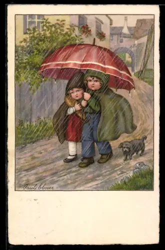 Künstler-AK Pauli Ebner: Kinder laufen unterm Regenschirm durch den stömenden Regen, Hund