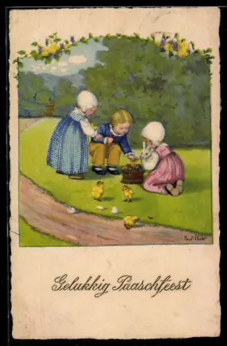 Künstler-AK Pauli Ebner: Ostern, Kinder mit einem Korb Ostereier, Küken
