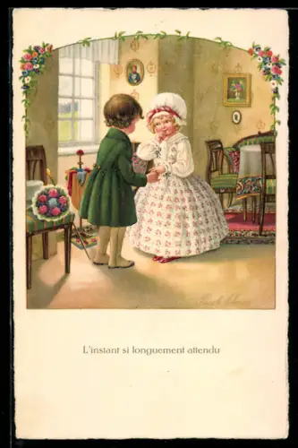 Künstler-AK Pauli Ebner: Junge hält Hand von Mädchen, Der lang ersehnte Augenblick