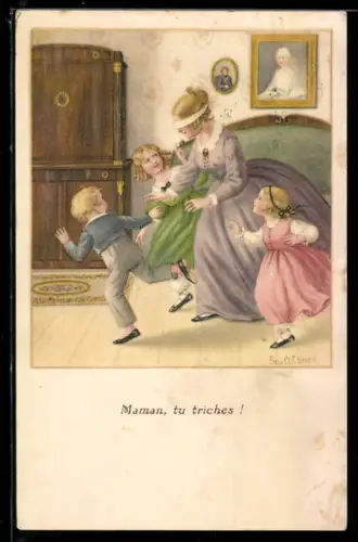 Künstler-AK Pauli Ebner: Frau und Kinder spielen Blinde Kuh