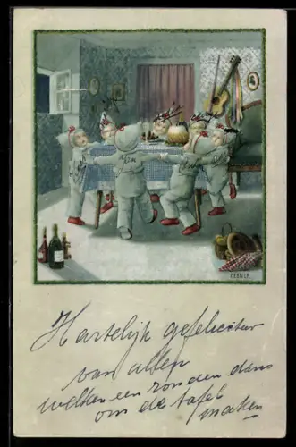 Künstler-AK Pauli Ebner: Kinder tanzen um einen gedeckten Tisch, Neujahr