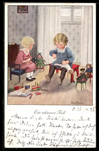 Künstler-AK Pauli Ebner: Die kaputte Puppe, Bein ab - ein schwerer Fall
