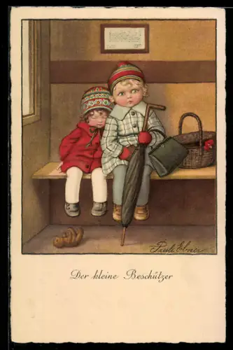 Künstler-AK Pauli Ebner: Le petit protecteur, Kinder im Zugabteil
