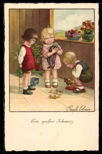 Künstler-AK Pauli Ebner: Mädchen weint über das Missgeschick