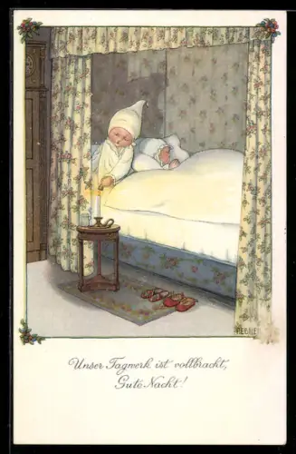 Künstler-AK Pauli Ebner: Knabe löscht die Kerze, unser Tagwerk ist vollbracht
