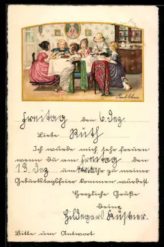 Künstler-AK Pauli Ebner: Sechs Mädchen an einem gedeckten Tisch