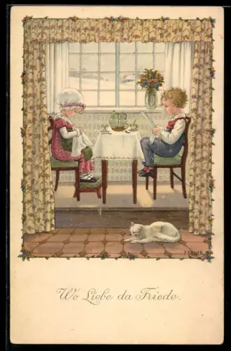 Künstler-AK Pauli Ebner: Kinder am Frühstückstisch mit weisser Katze