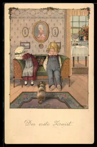 Künstler-AK Pauli Ebner: der erste Zwist, Kinder haben sich gestritten, Hund