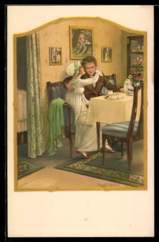 Künstler-AK Pauli Ebner: Junges Paar am Kaffeetisch in der Stube