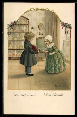 Künstler-AK Pauli Ebner: Die fünf Sinne, Das Gesicht, junge Dame freut sich über ein Geschenk