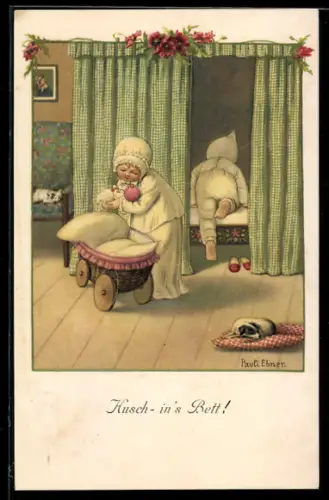 Künstler-AK Pauli Ebner: Husch - in`s Bett, Mädchen bringt ihre Puppe ins Bett