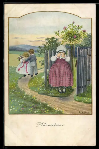 Künstler-AK Pauli Ebner: Kind weint am Gartenzaun & anderes Kinderpaar zieht von dannen