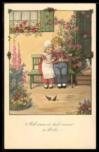 Künstler-AK Pauli Ebner: junges Paar auf einer Bank vorm Haus sitzend