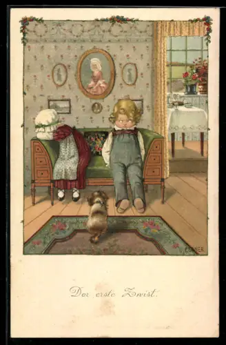 Künstler-AK Pauli Ebner: der erste Zwist, Kinder haben sich gestritten, Hund