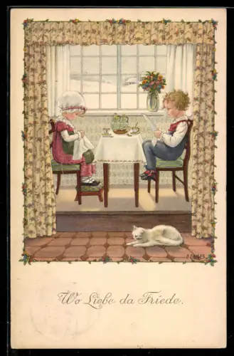 Künstler-AK Pauli Ebner: Kinder am Frühstückstisch mit weisser Katze