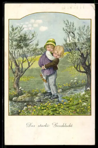 Künstler-AK Pauli Ebner: Das starke Geschlecht, Bruder trägt seine Schwester über den Fluss
