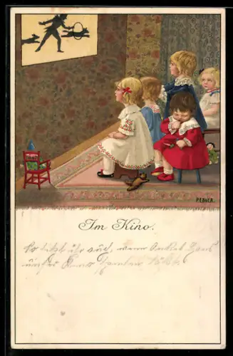 Künstler-AK Pauli Ebner: Im Kino, Kinder verfolgen ein Schattenspiel an der Wand