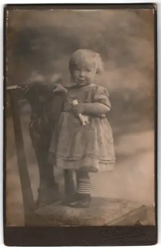 Fotografie D. Wahlendick, Kellinghusen, Kleinkind auf einem Stuhl stehend