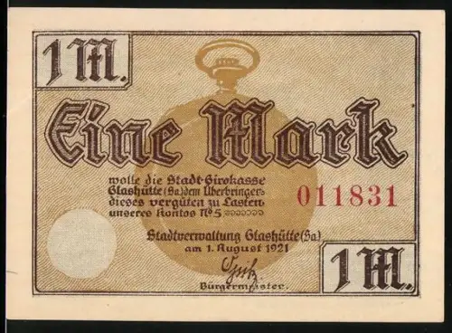 Notgeld Glashütte /Sa. 1921, 1 Mark, Taschenuhr und Ortsansicht von Glashütte