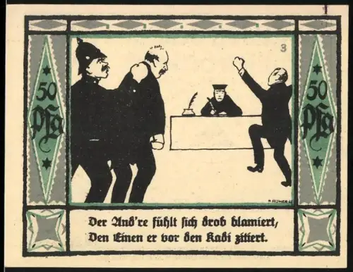 Notgeld Mülsen St. Jacob 1921, 50 Pfennig, Gerichtsszene und zwei Löwen mit Wappen