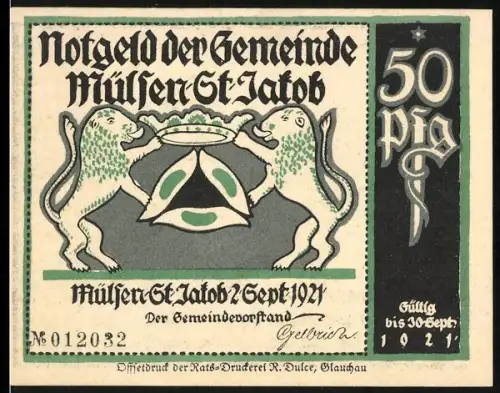 Notgeld Mülsen St. Jacob 1921, 50 Pfennig, Wappen mit Löwen und Karikatur zweier Männer beim Streit am Tisch