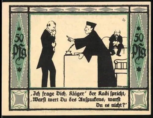 Notgeld Mülsen St. Jacob 1921, 50 Pfennig, Gerichtsszene und Wappen mit zwei Löwen