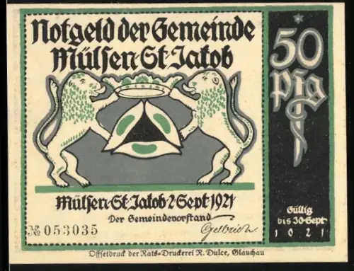 Notgeld Mülsen St. Jacob 1921, 50 Pfennig, Löwen mit Wappen und Gerichtsszene mit Spruch