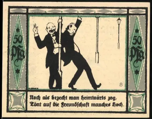 Notgeld Mülsen St. Jacob 1921, 50 Pfennig, zwei Männer an einer Laterne, Löwen mit Wappen