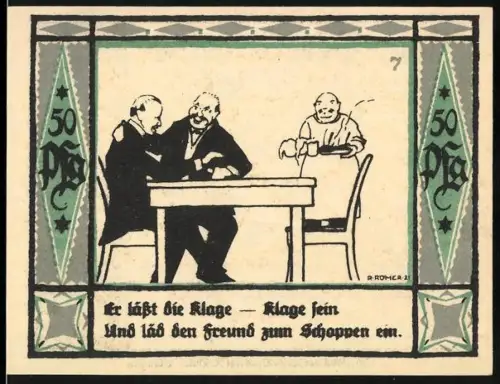 Notgeld Mülsen St. Jakob 1921, 50 Pfennig, zwei Männer am Tisch und Wappen mit zwei Löwen