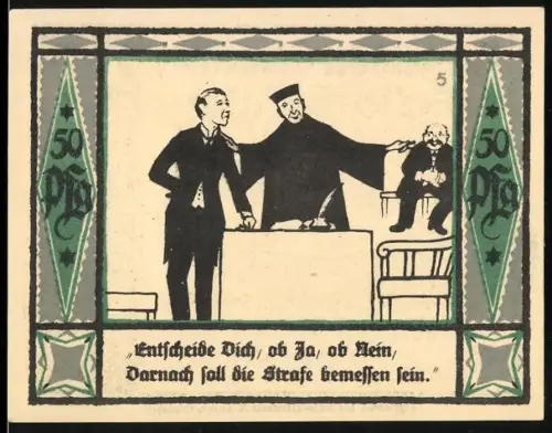 Notgeld Mülsen St. Jakob 1921, 50 Pfennig, Gerichtsszene und Wappen mit zwei Löwen