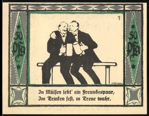 Notgeld Mülsen St. Jakob 1921, 50 Pfennig, zwei Männer mit Bierkrügen und Wappen mit zwei Löwen